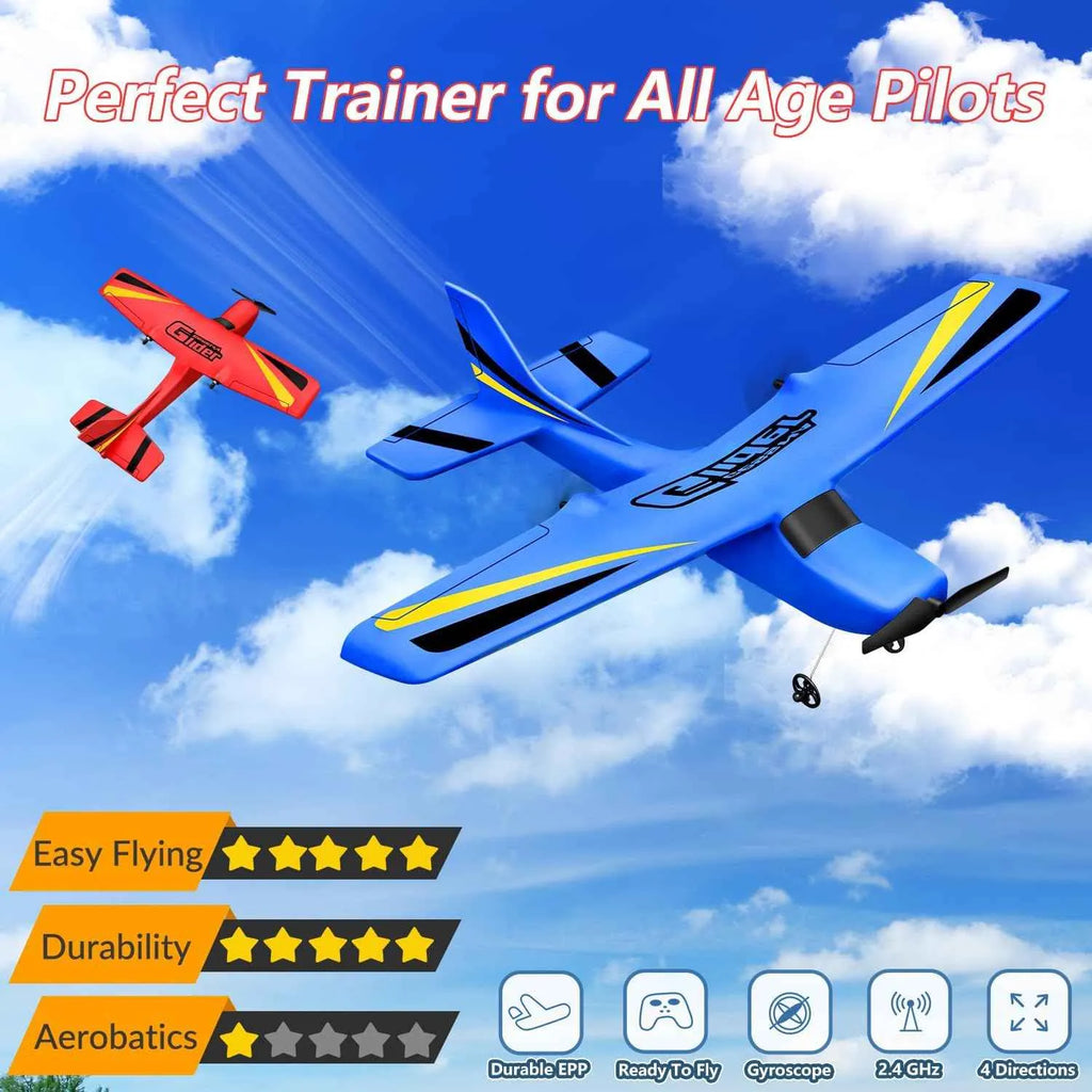 Two RC airplanes in the sky with promotional text and features listed.