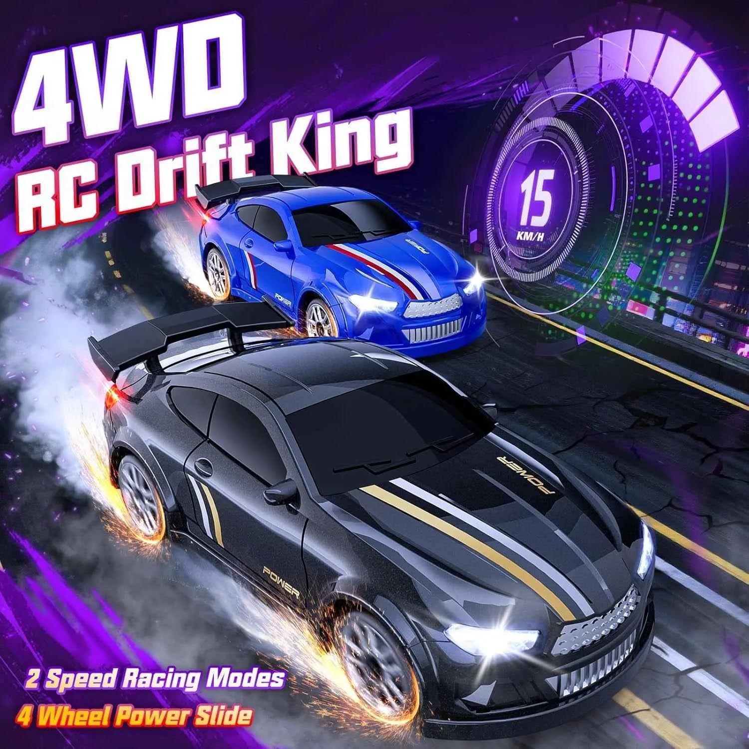 Two RC drift cars on a racetrack with '4WD RC Drift King' text and racing details.
