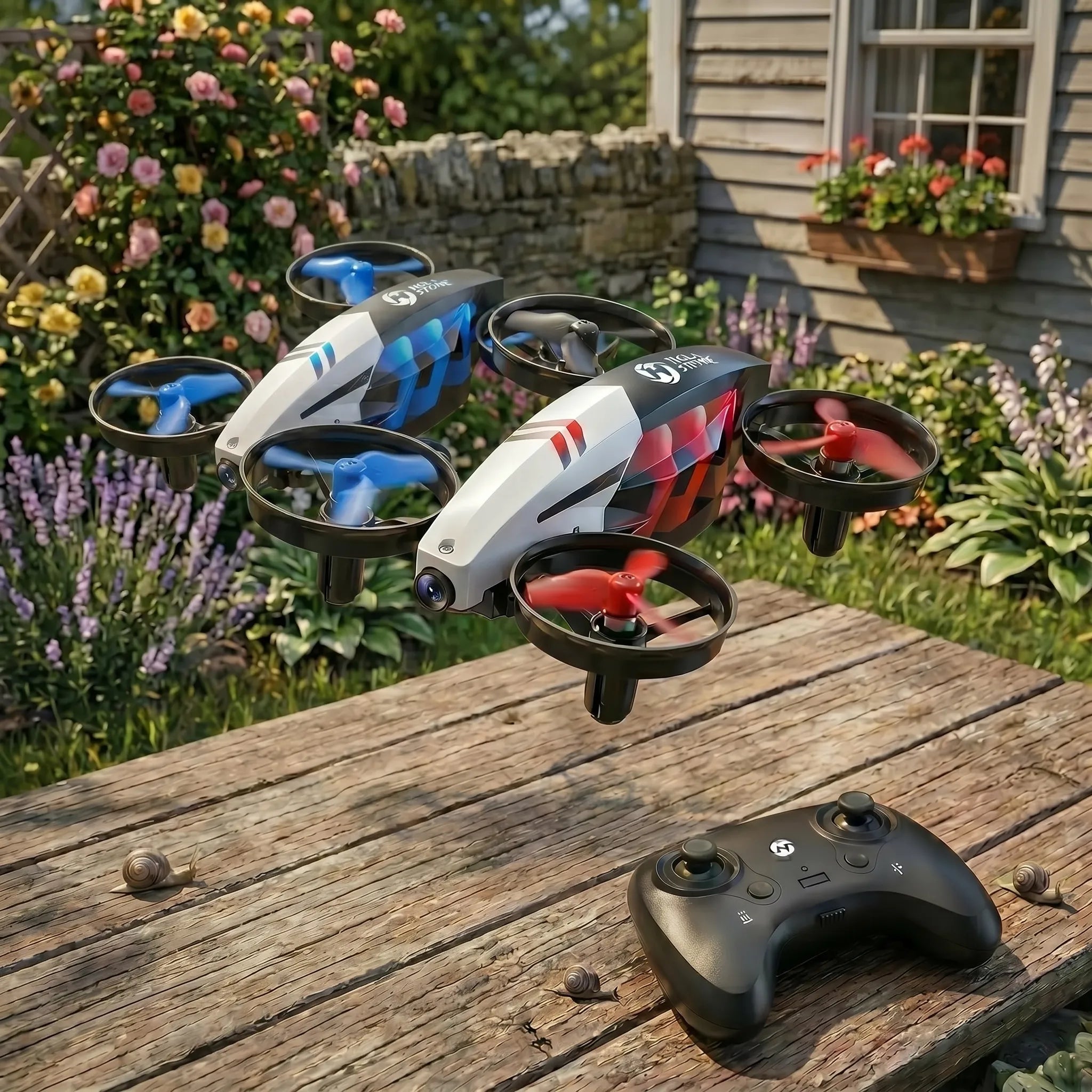 Two RC drones on a wooden surface with a garden background
