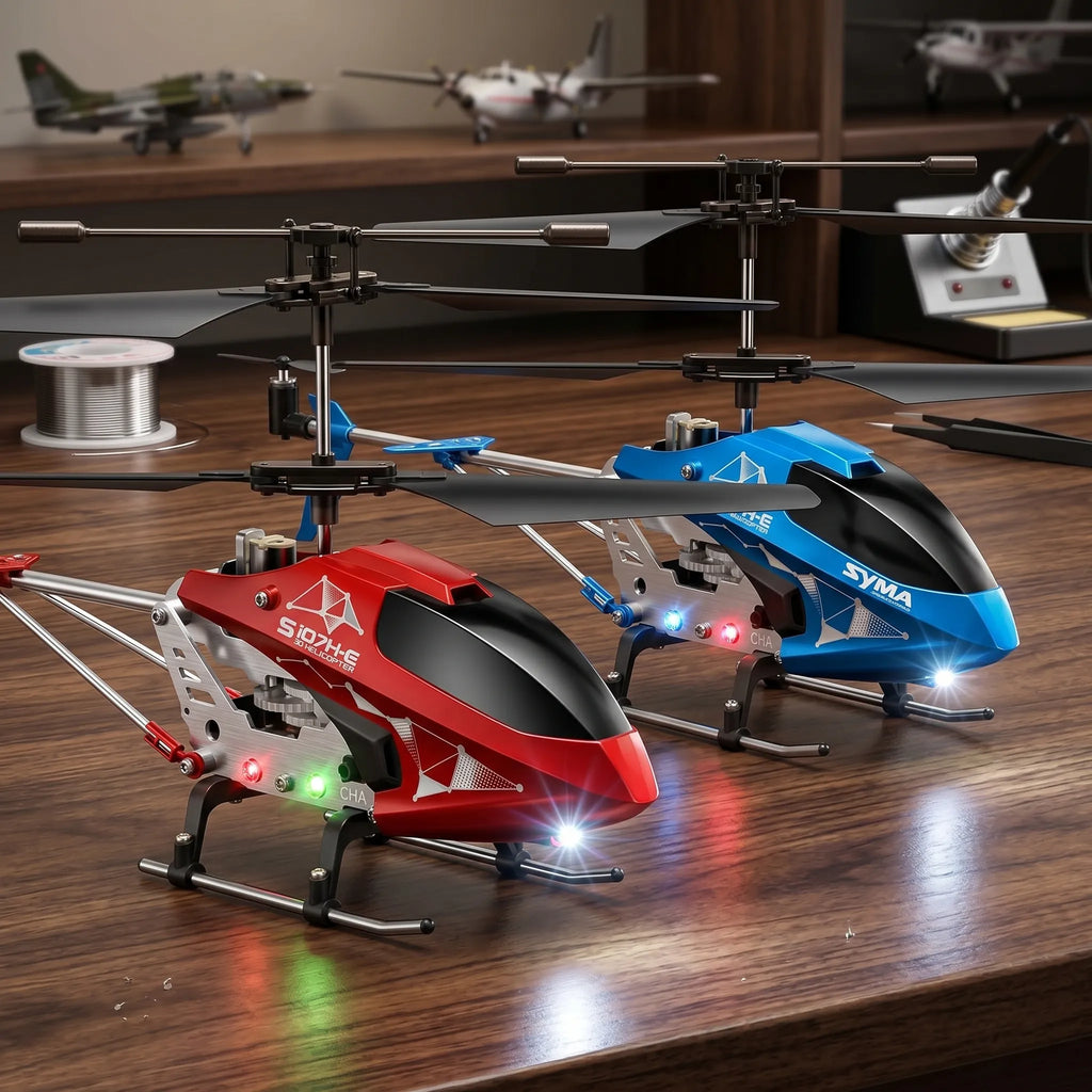 Two RC helicopters in landing situation on a desk with a RC lover background.