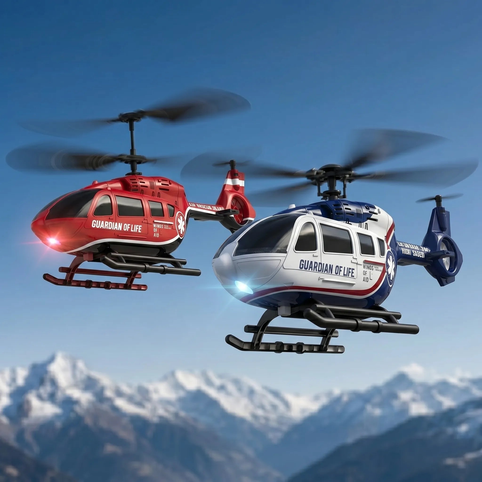 Two helicopters, one red and one blue and white, flying against a blue sky with mountains in the background.