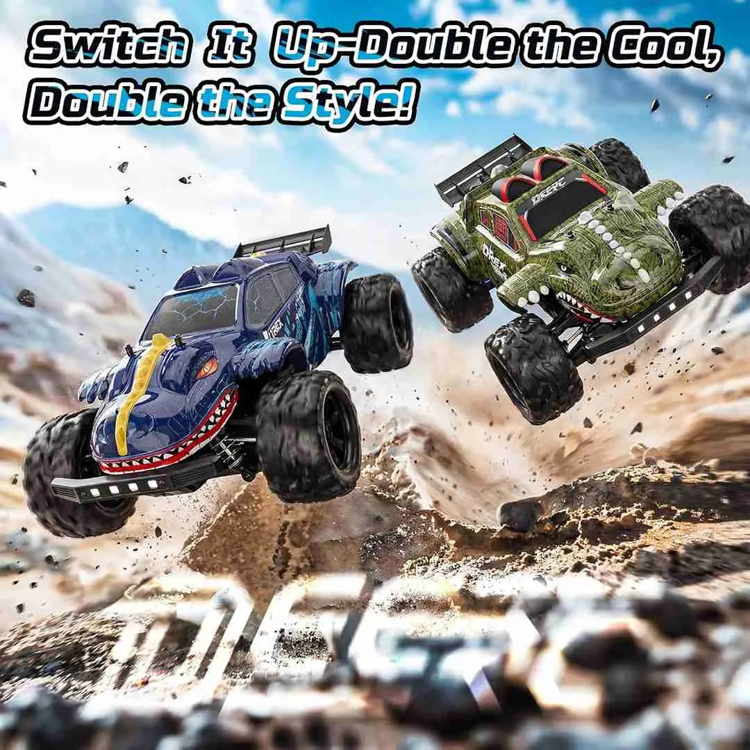Two RC monster trucks in mid-air with a desert landscape background and promotional text.