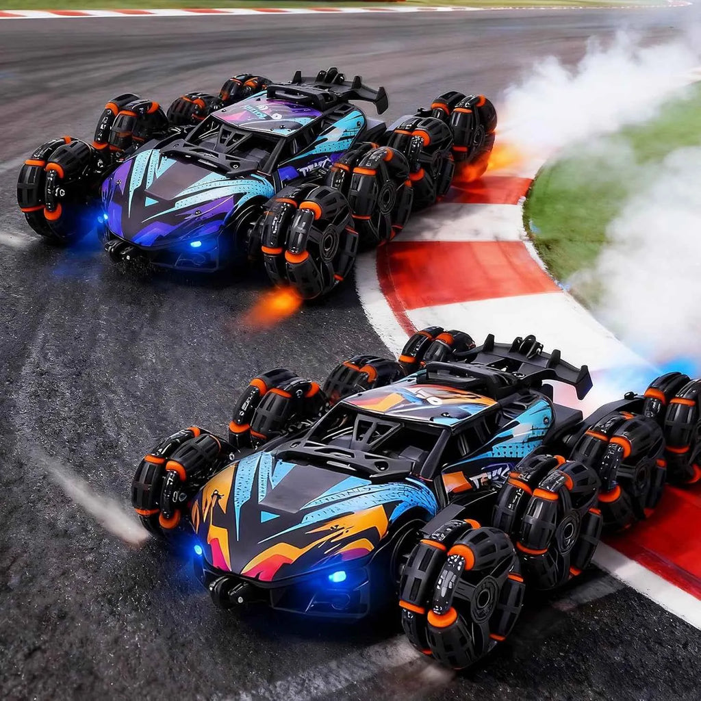 Two RC robotic car on a racetrack with smoke effects