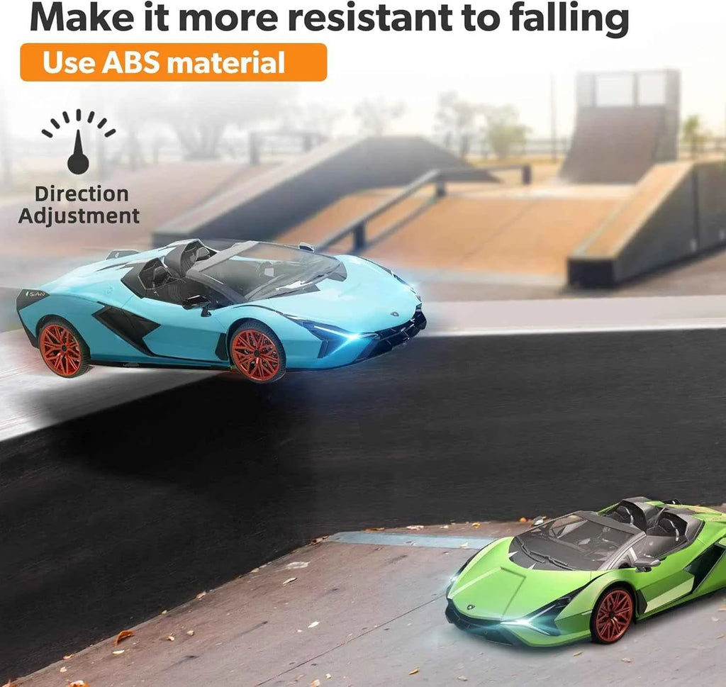 Two RC sports cars on a ramp with text about ABS material and direction adjustment.