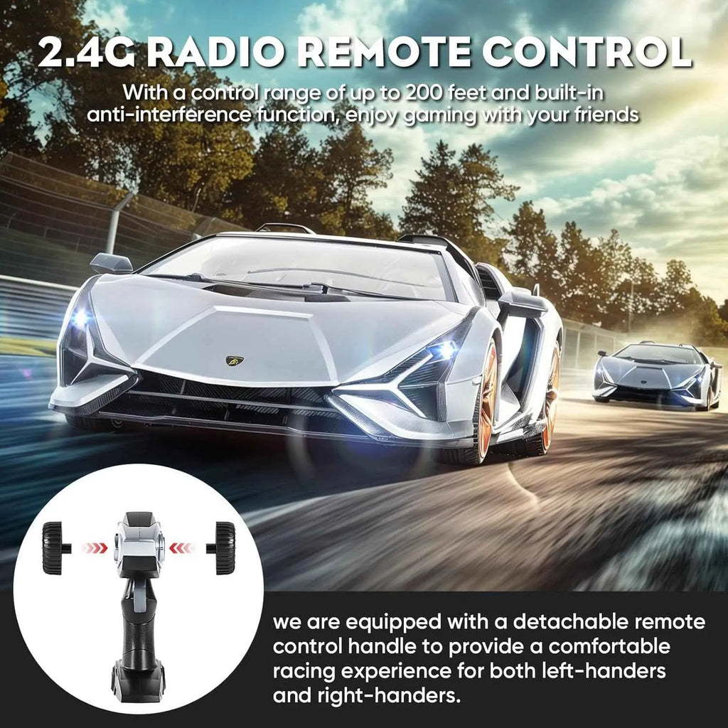 Two RC sports cars racing on a track with a 2.4G radio remote control feature highlighted.