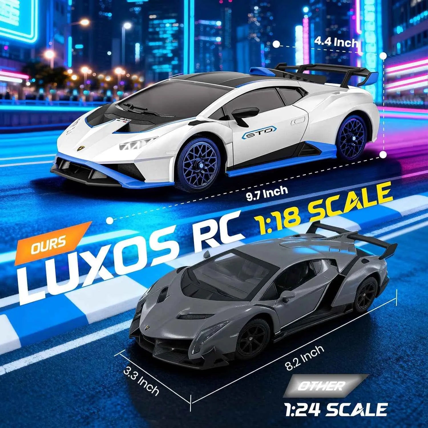 Two RC sports cars with scale information on a racing track background