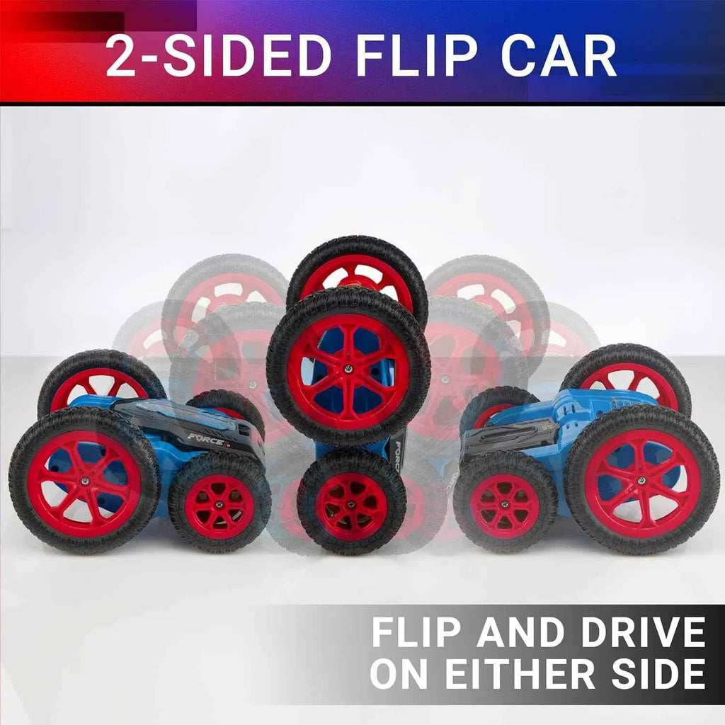 Two Rc stunt cars with red wheels on a white background, labeled '2-Sided Flip Car'.