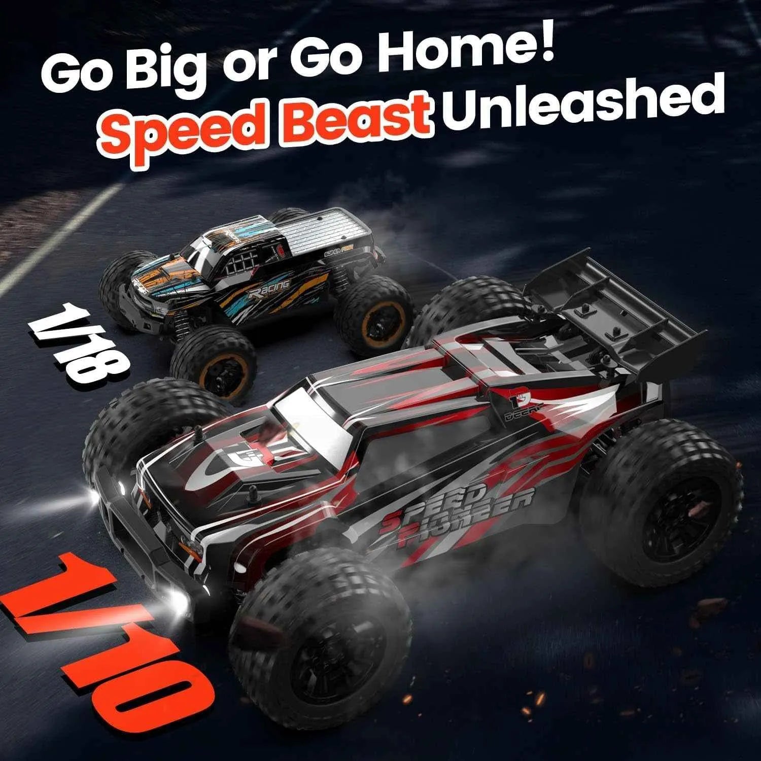 Two remote control monster truck on a dark road with 'Go Big or Go Home! Speed Beast Unleashed' text.