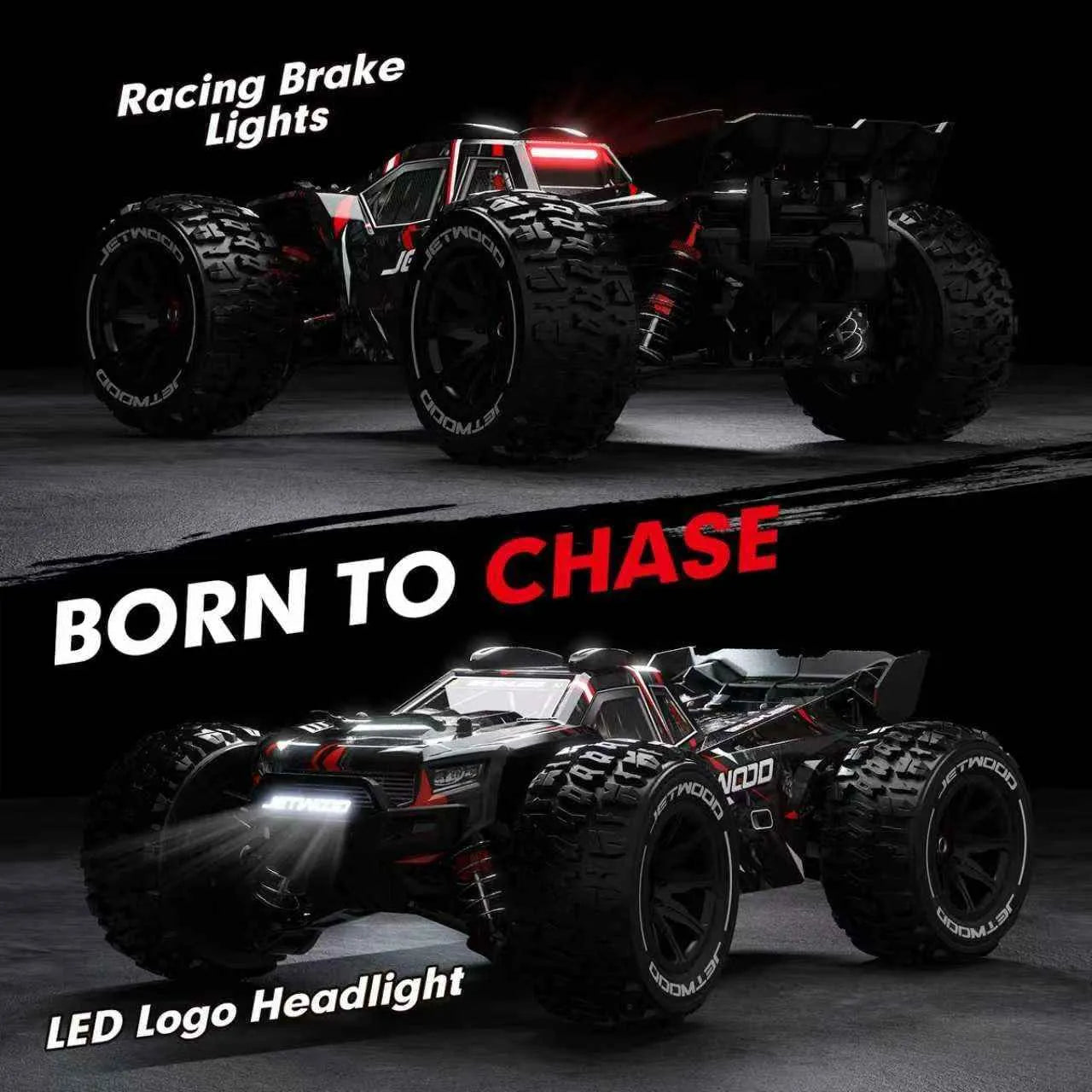 Two remote control truggy with racing brake lights and LED logo headlights on a dark background.