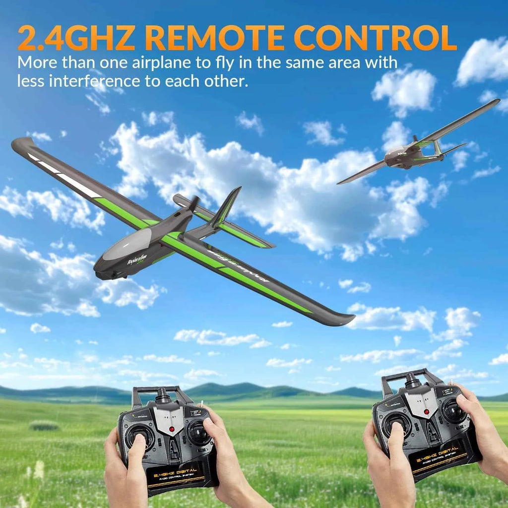 Two remote controls with two RC airplanes flying in the sky, text about 2.4GHz remote control.