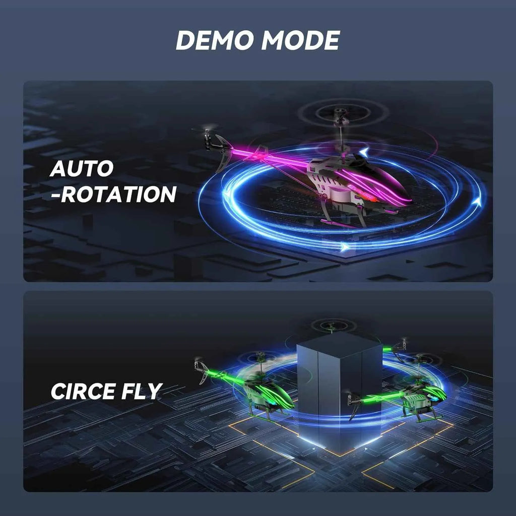 Two screens showing RC helicopter demo modes with text labels on a dark background