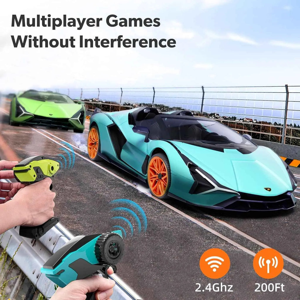 Two toy cars on a track with remote controls, emphasizing multiplayer games without interference.