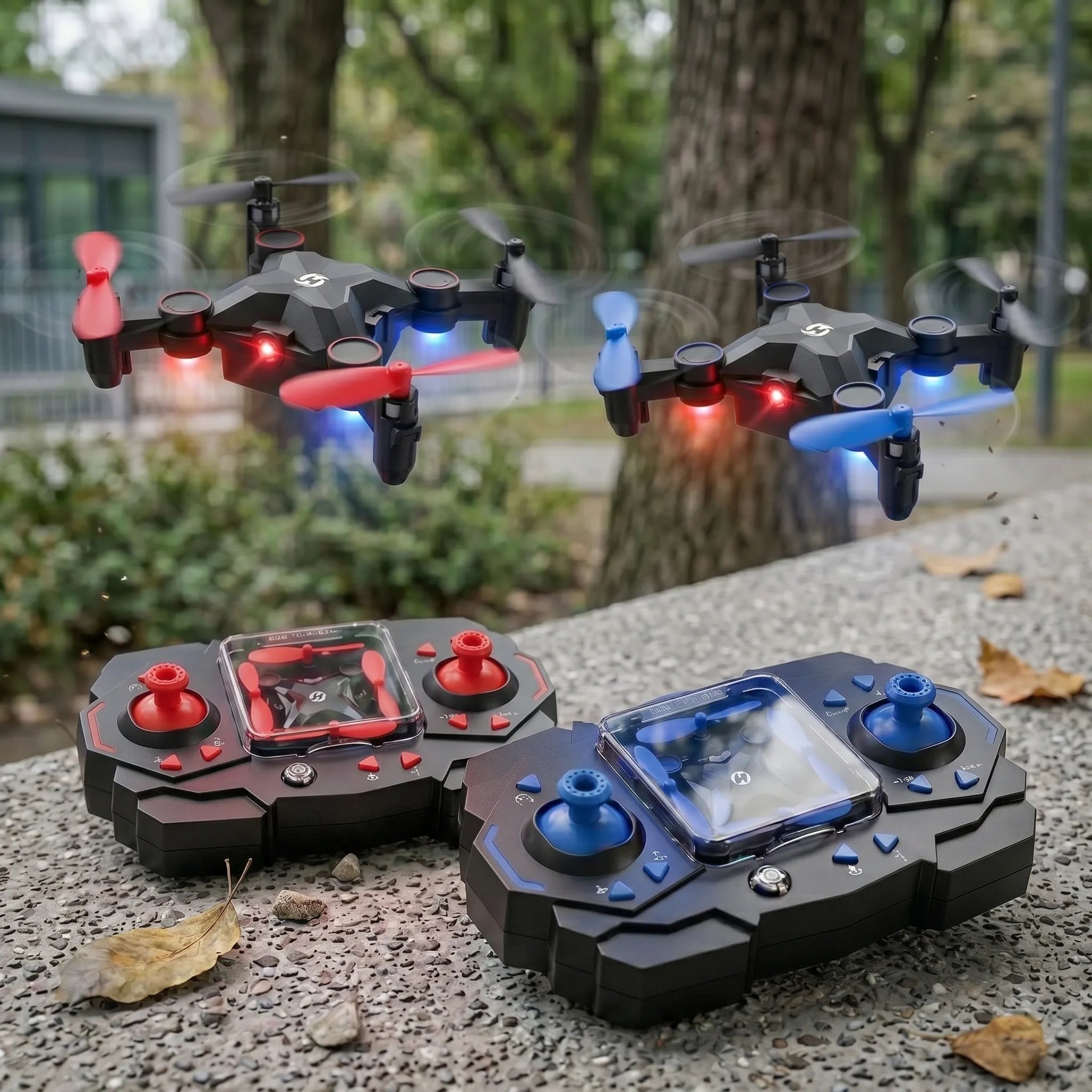 Two toy RC drones with colorful propellers and a remote control on a ground surface.