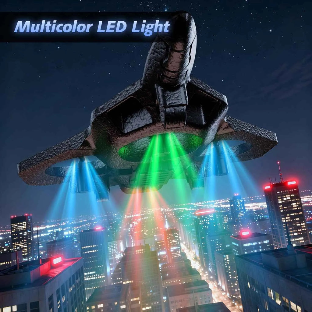 UFO-like RC plane with multicolor LED lights over a cityscape at night