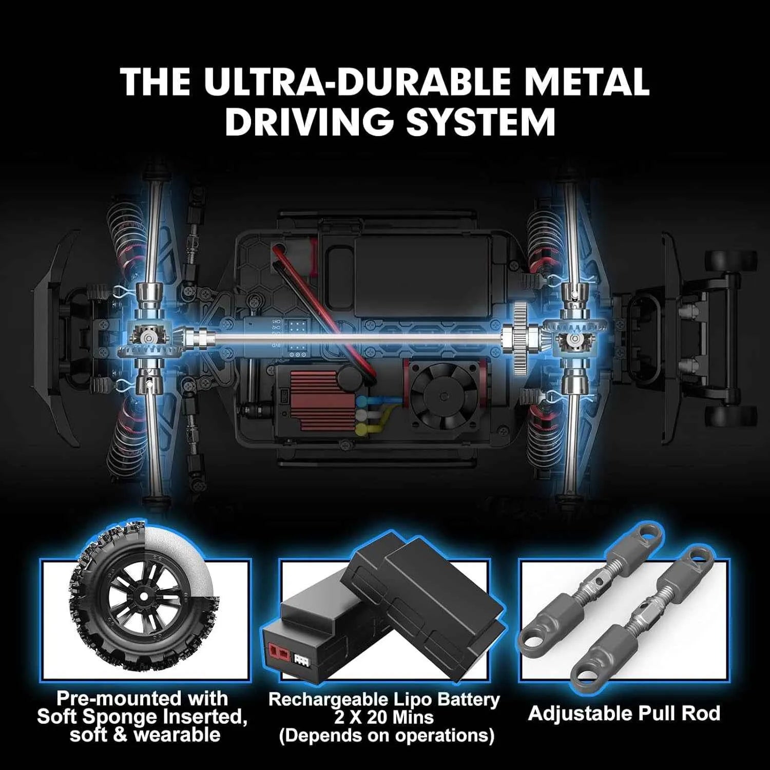 Ultra-durable metal driving system with components on a dark background