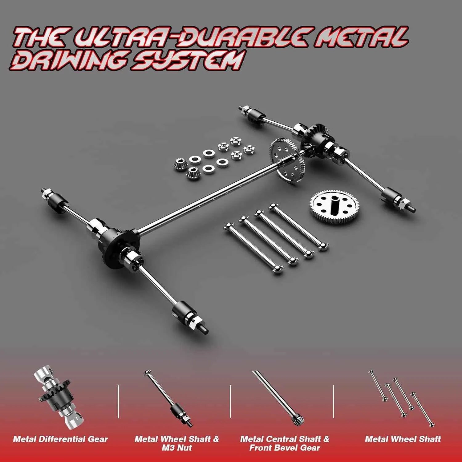 Ultra-durable metal driving system components on a gray background with text.