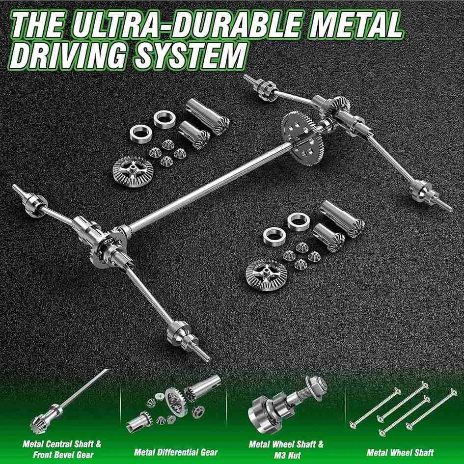 Ultra-durable metal driving system components on a dark background with text highlighting features.