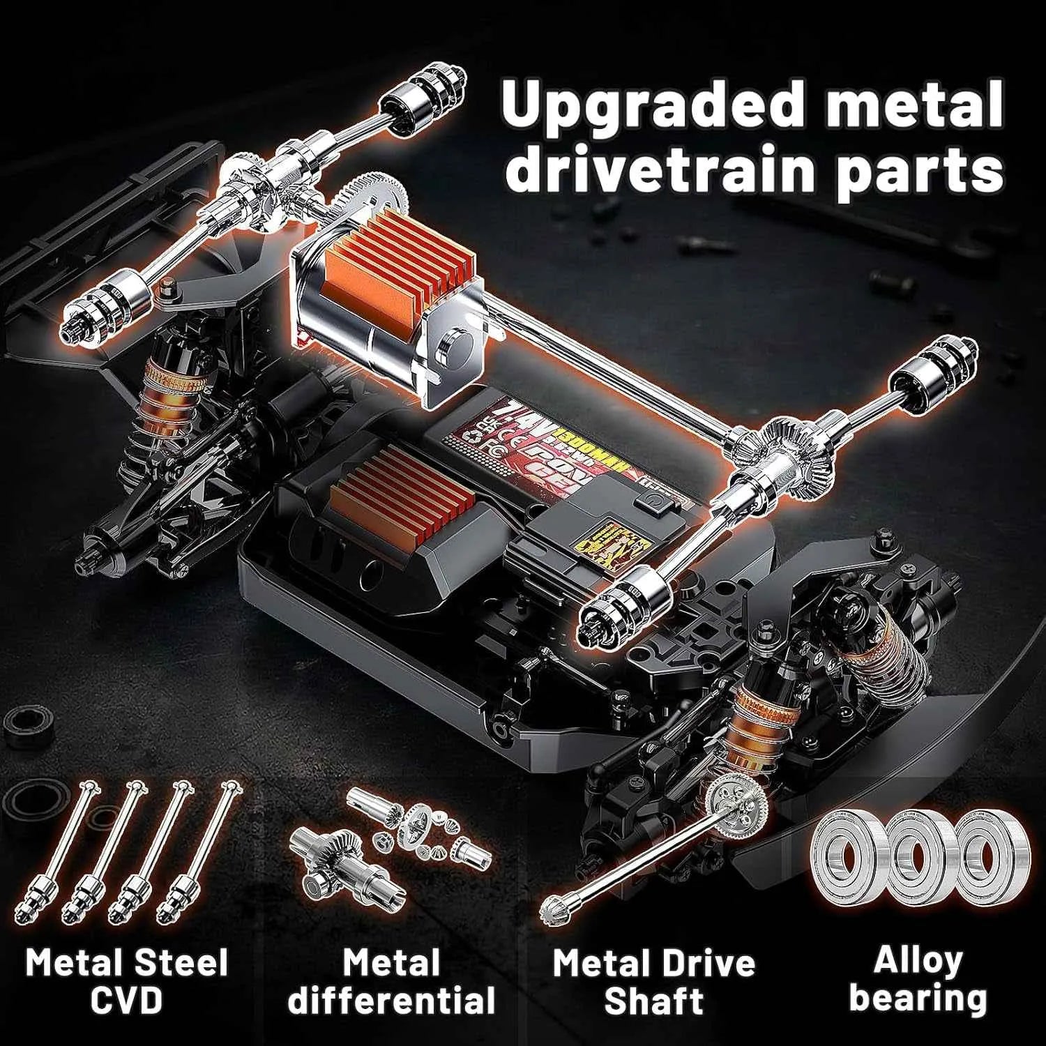 Upgraded metal drivetrain parts with components labeled on a dark background