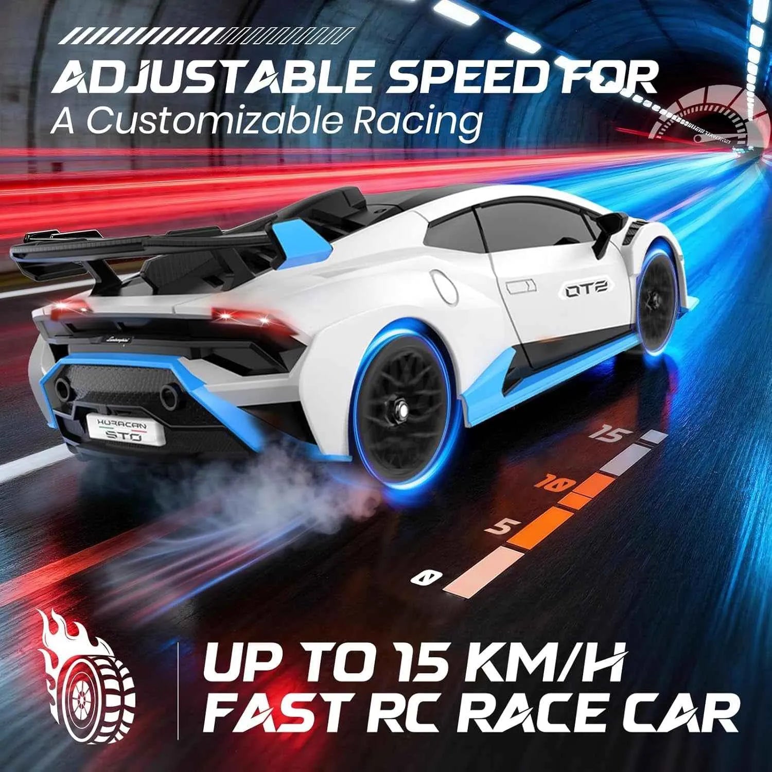 White and blue RC sports car with text about adjustable speed and customizable racing on a dynamic background.