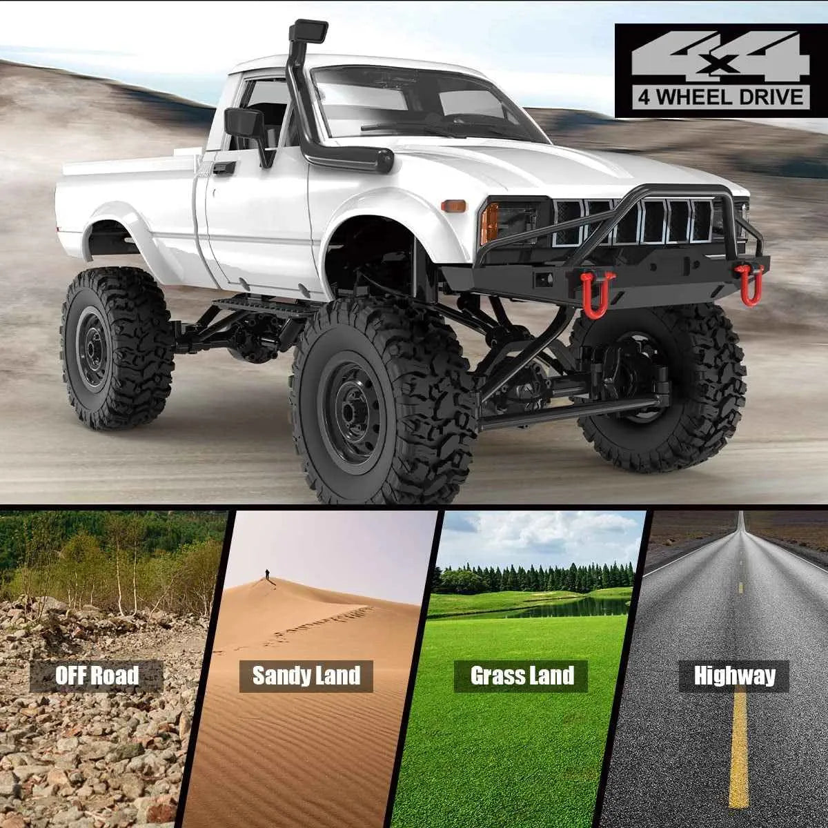 White off-road RC crawler with large tires on a road, with text indicating different terrains.
