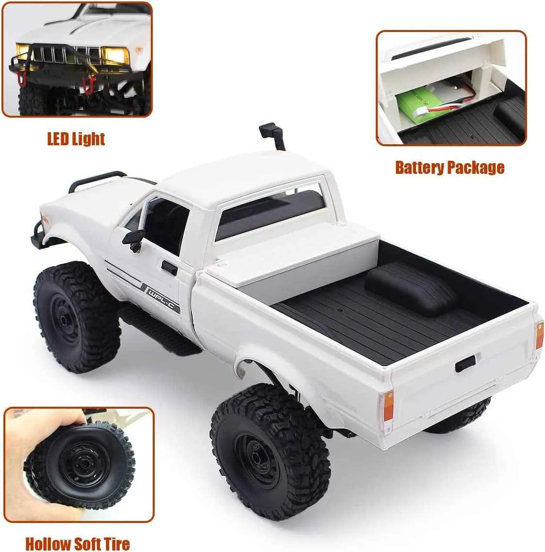 White RC crawler with features highlighted on a white background