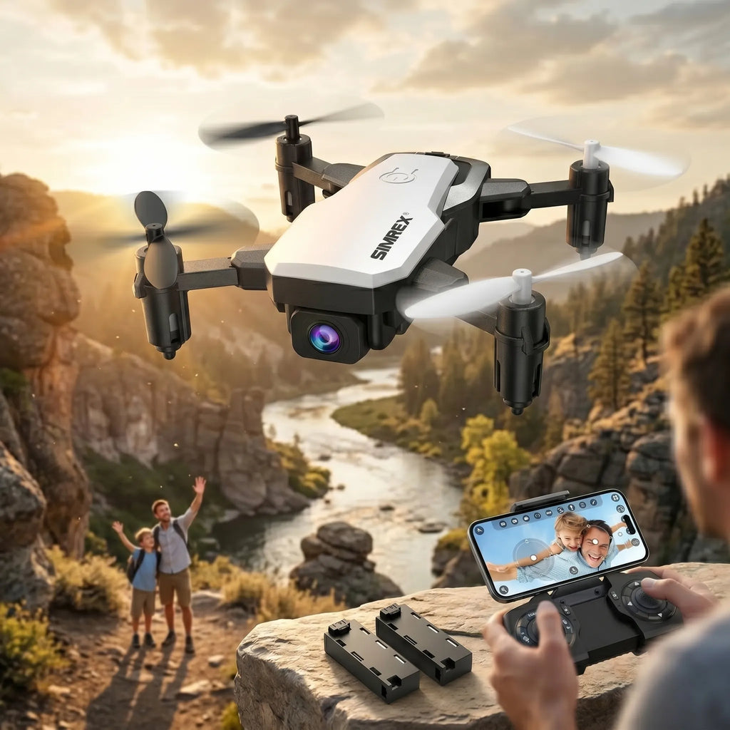 White RC Drone flying over a scenic landscape with a person controlling it from a phone.