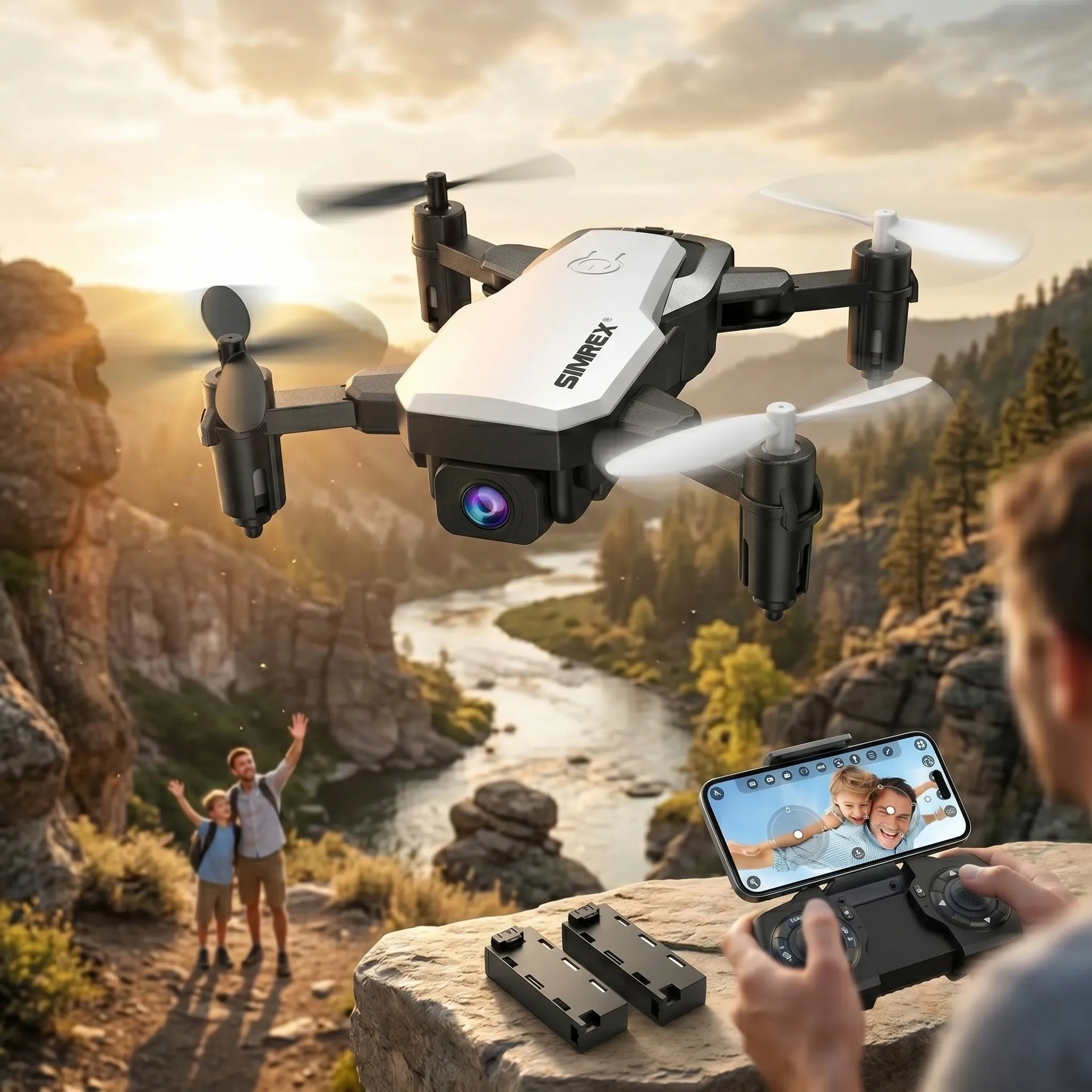 White RC Drone flying over a scenic landscape with a person controlling it from a phone.
