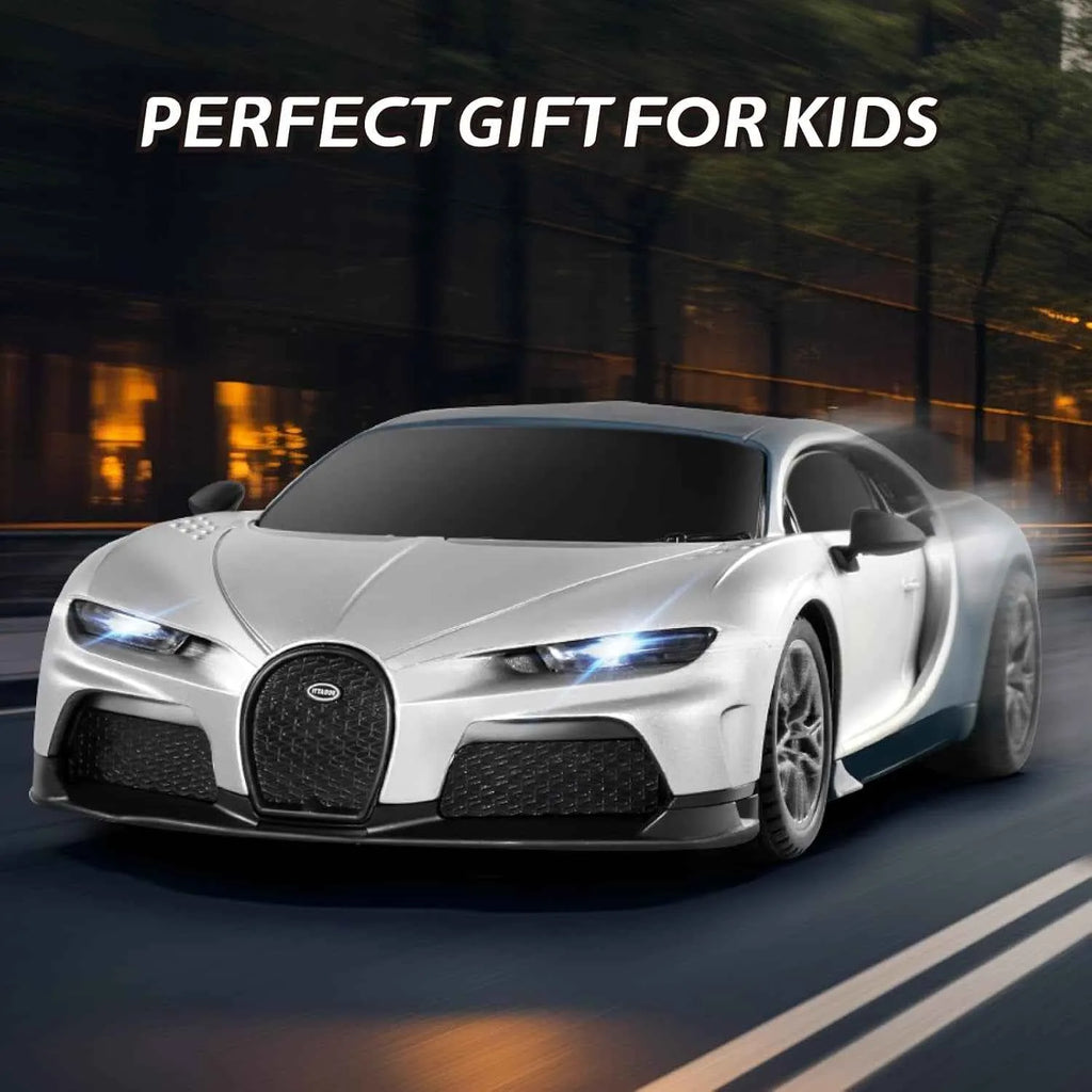 White Rc sports car on a road with 'Perfect Gift for Kids' text