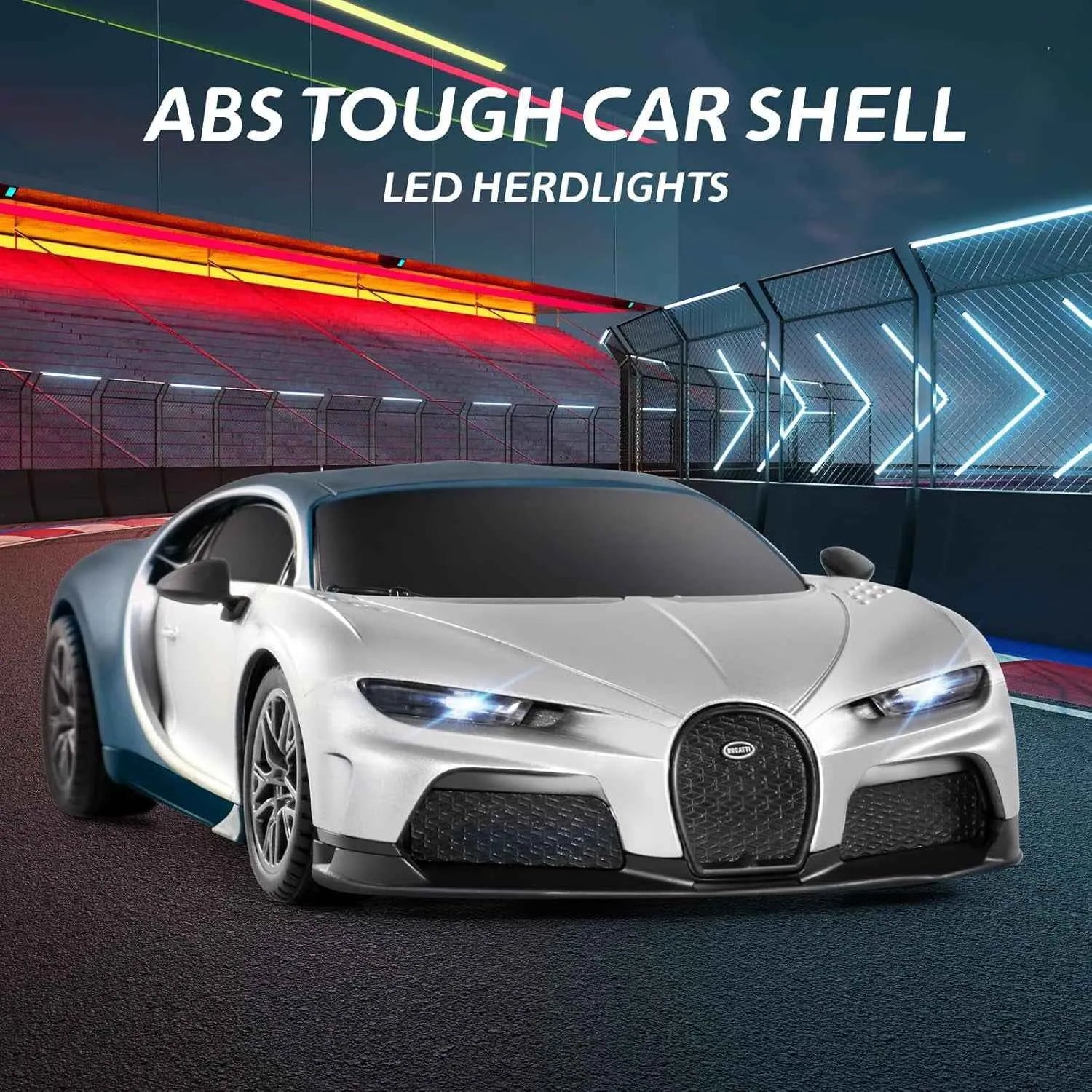 White RC sports car with LED headlights on a dark background with colorful lights.