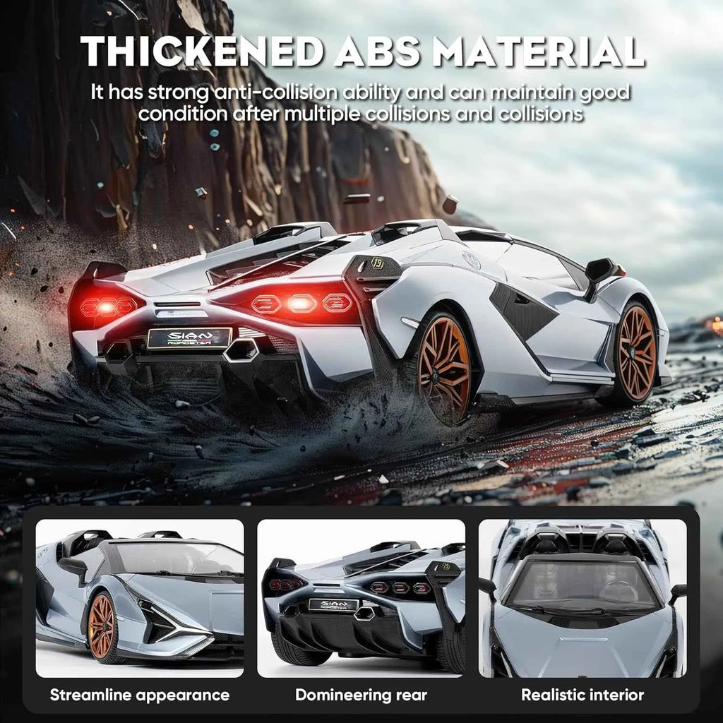 White RC sports car with orange wheels on a mountain road, featuring text about thickened ABS material.