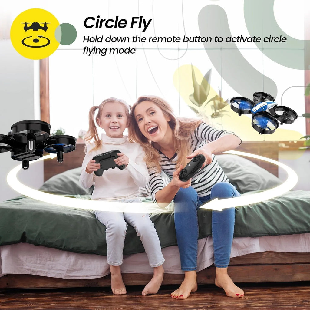 Woman and child playing with an RC drone, with text about circle fly mode.