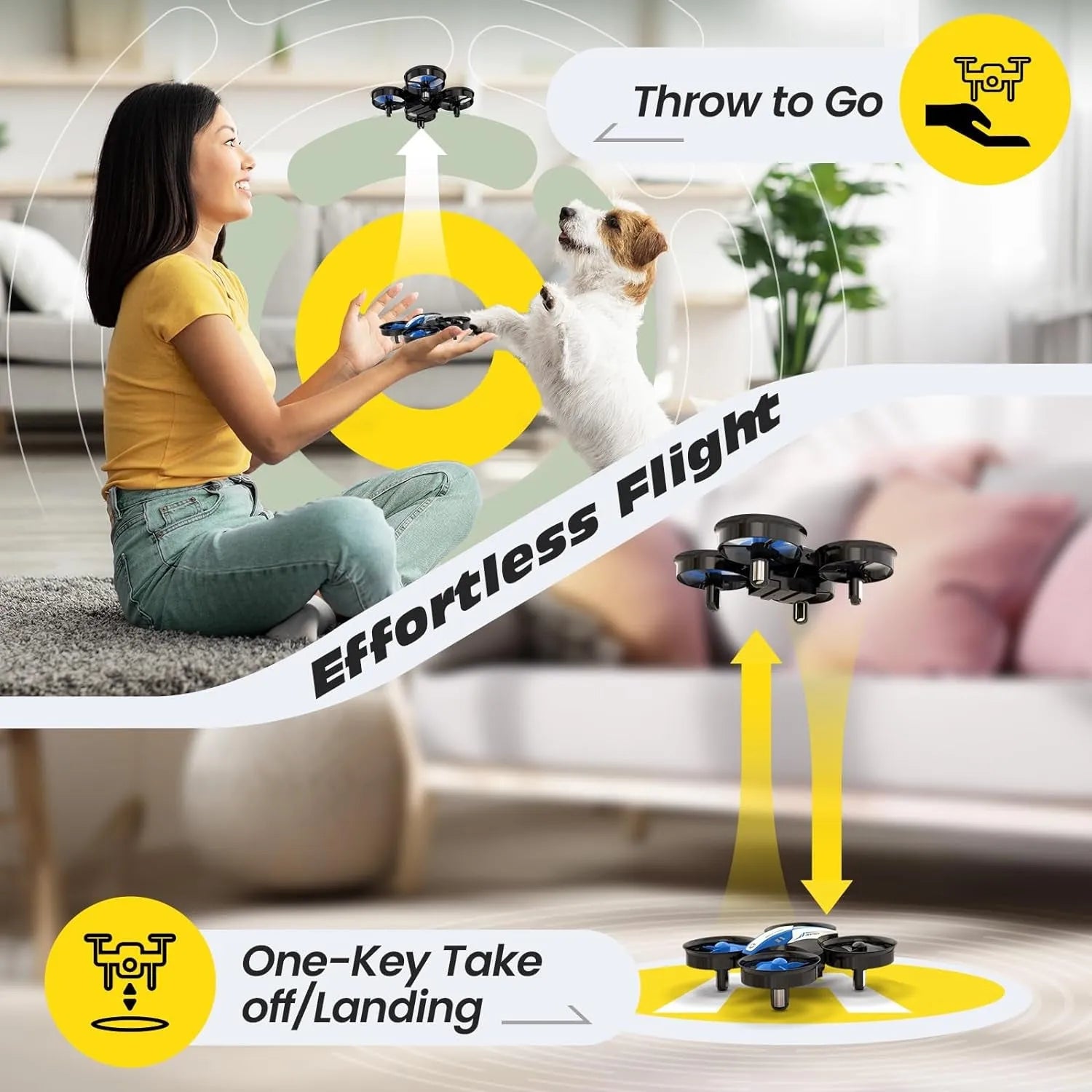 Woman playing with an RC drone in a living room, with text highlighting features like 'Throw to Go' and 'Effortless Flight'.