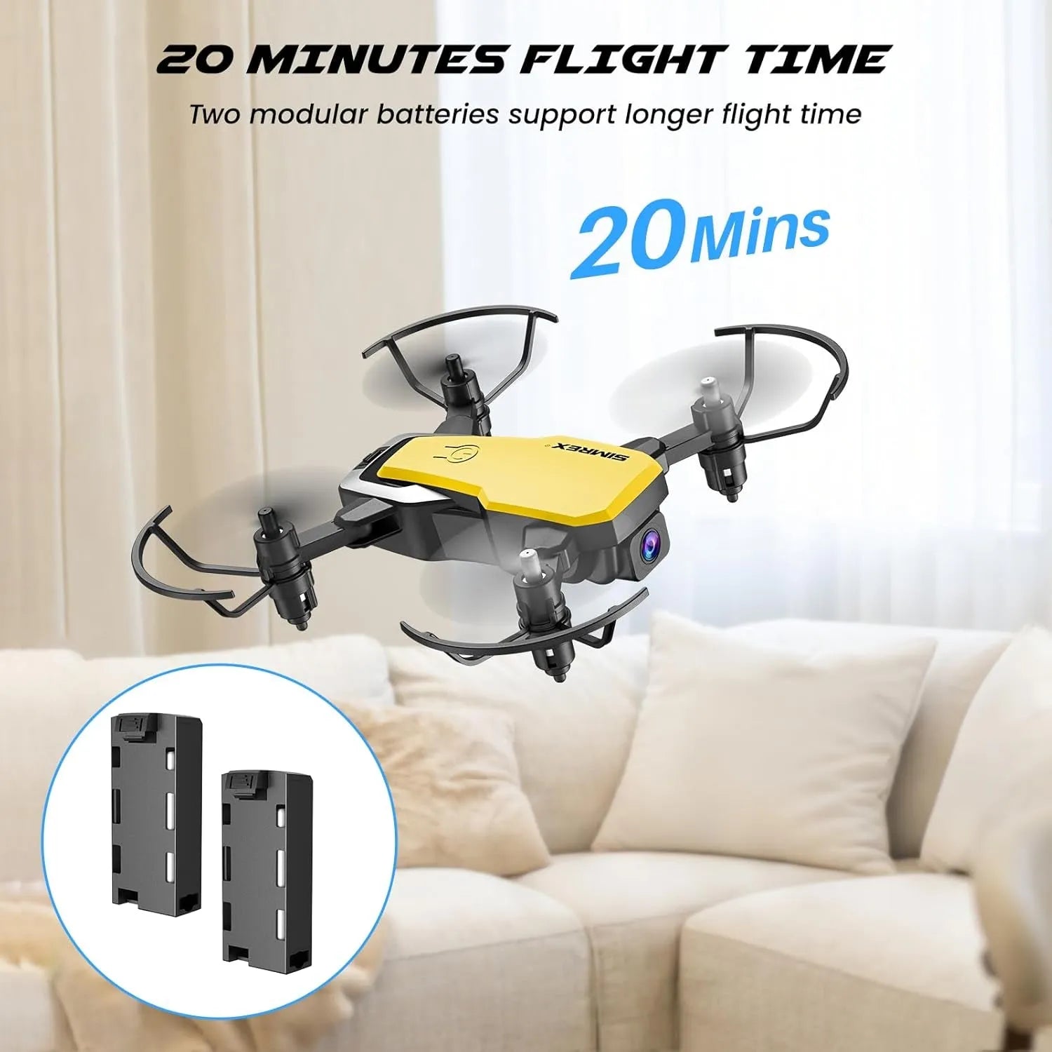 Yellow and black RC drone with 20-minute flight time feature on a blurred background