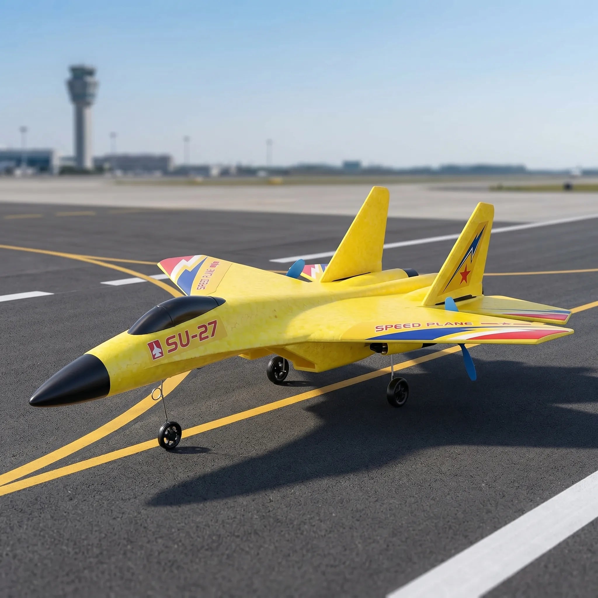 Yellow model RC airplane on an airport runway with control tower in the background