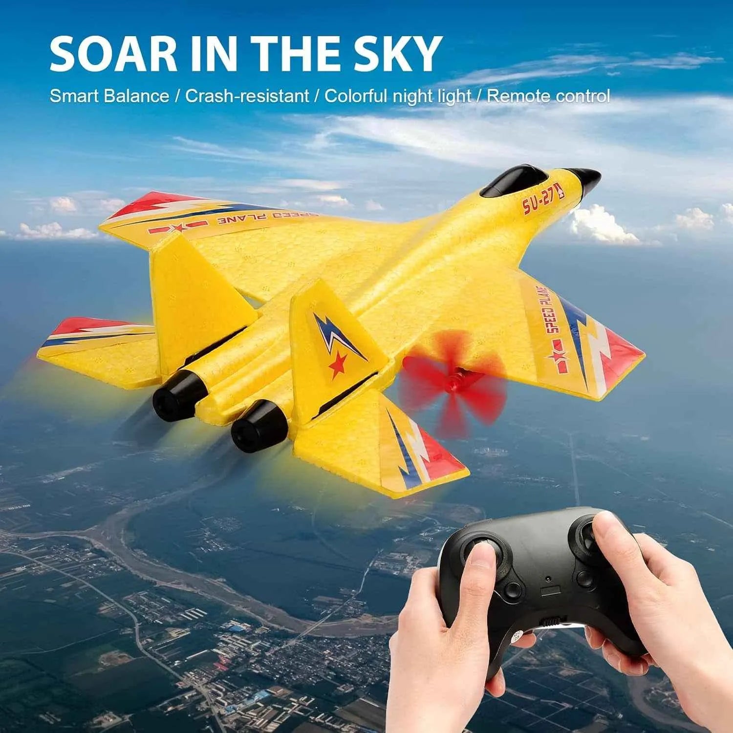 Yellow RC airplane with red propeller and remote control against a cityscape background
