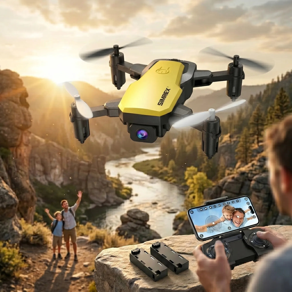 Yellow RC Drone flying over a scenic landscape with a person operating it from a rocky outcrop.