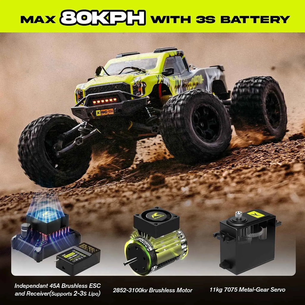 Yellow remote control monster truck on a dirt surface with battery and components displayed below.