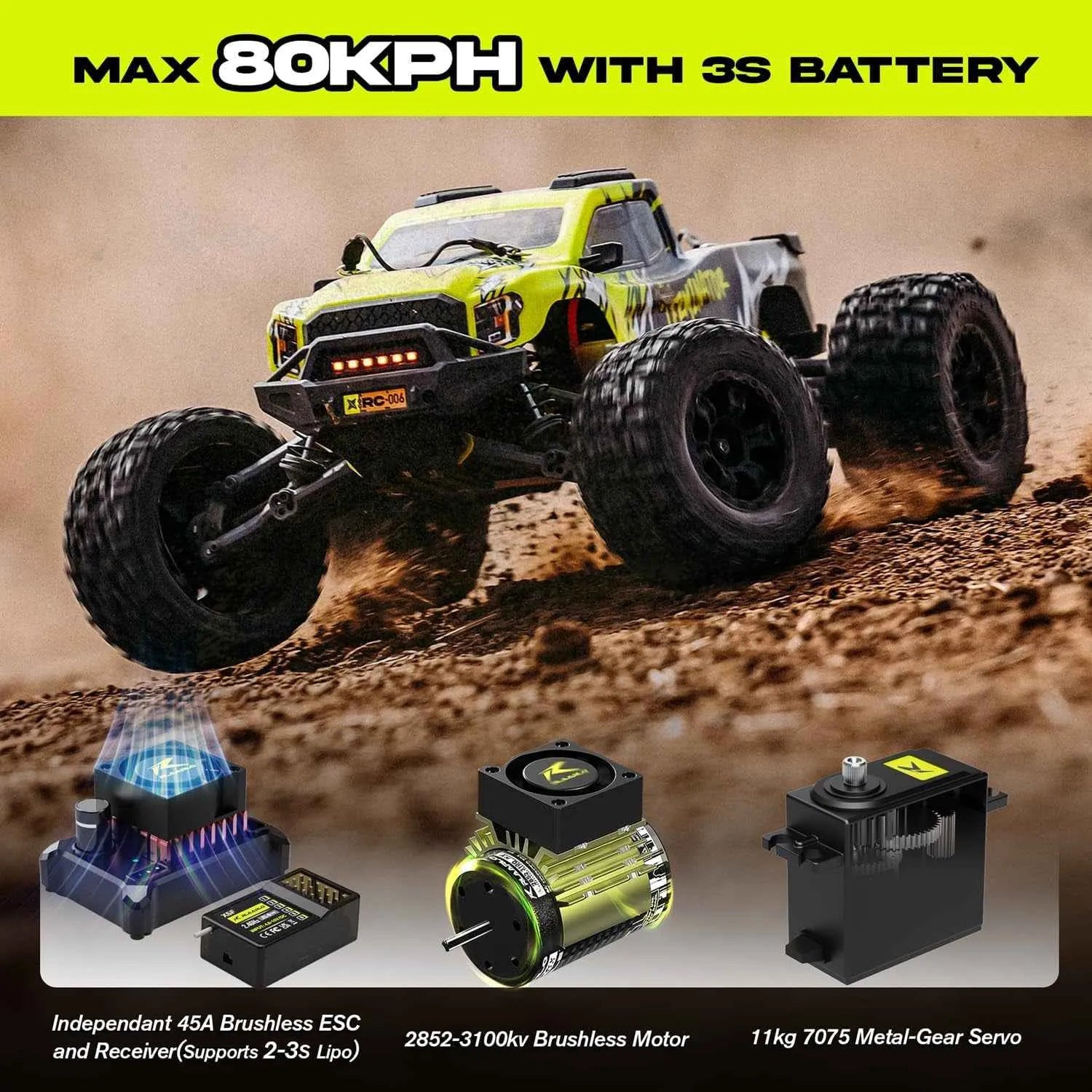 Yellow remote control monster truck on a dirt surface with battery and components displayed below.