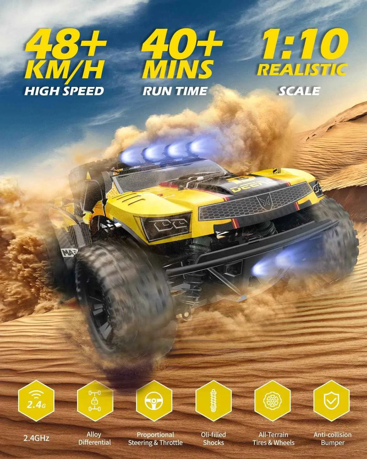 Yellow remote control short course truck on a desert background with specifications displayed.